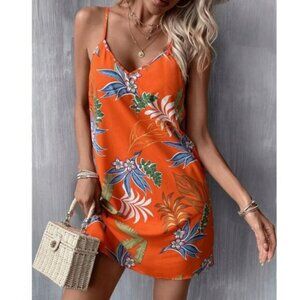 Boho Orange Floral Tropical Print Cami Mini Dress